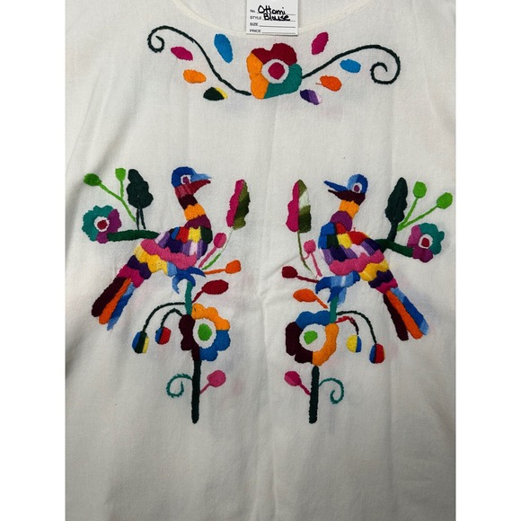 Otomi Tops - Mexican Hand Embroidered Floral Bird White Boho Folk Art Top Women